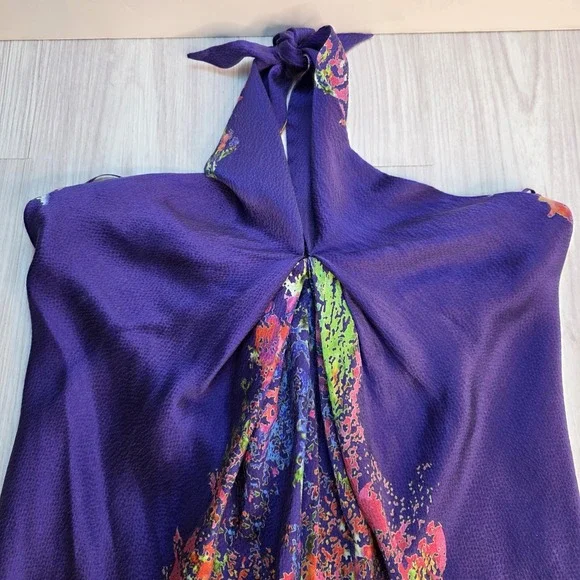 Halston Heritage Woman's Silk Dress Size 4 Twist‎ Front Halter Midi Floral Blue - Picture 4 of 13